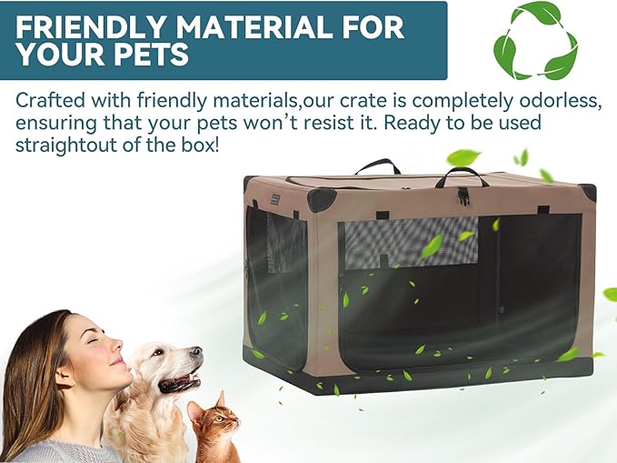 PETSFIT Portable Dog Crate, with Patented Adjustable Fabric Cover, Chewproof & Lockable Mesh Doors, Waterproof Base Collapsible Kennel Khaki 30 Inch