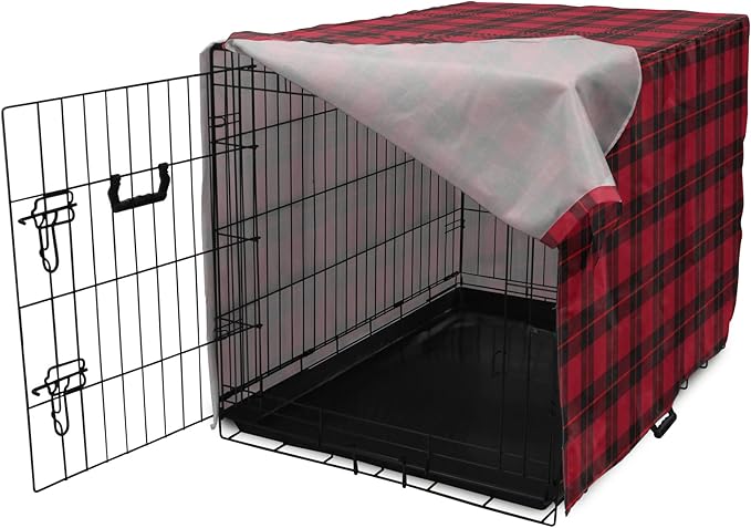Lunarable Plaid Dog Crate Cover, Geometrical Scottish Ornament Folkloric Celtic Fashion Elements, Easy to Use Pet Kennel Cover for Small Dogs Puppies Kittens, 18 Inch, Coral Vermilion