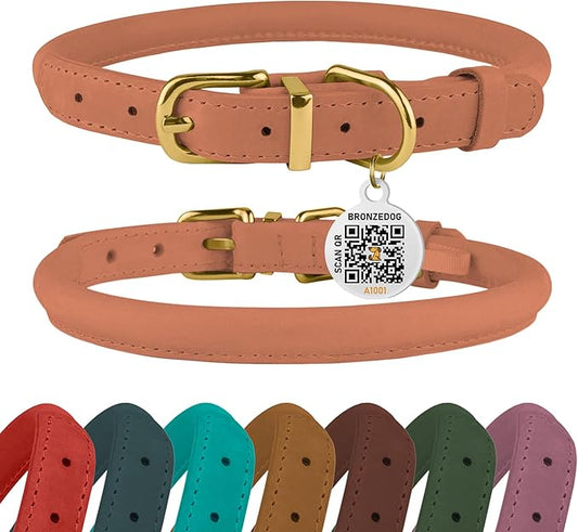 BRONZEDOG Rolled Leather Dog Collar with QR ID Tag Adjustable Soft Round Collars for Small Medium Large Dogs Puppy Cat (19" - 21" Neck Size, Peach)