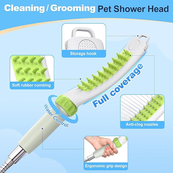 Dog Shower Attachment, Rubber Dog Grooming Bath Brush for Long & Short Haired Dogs and Cats, Pet Hair Scrubber For Washing, Deshedding, Massage