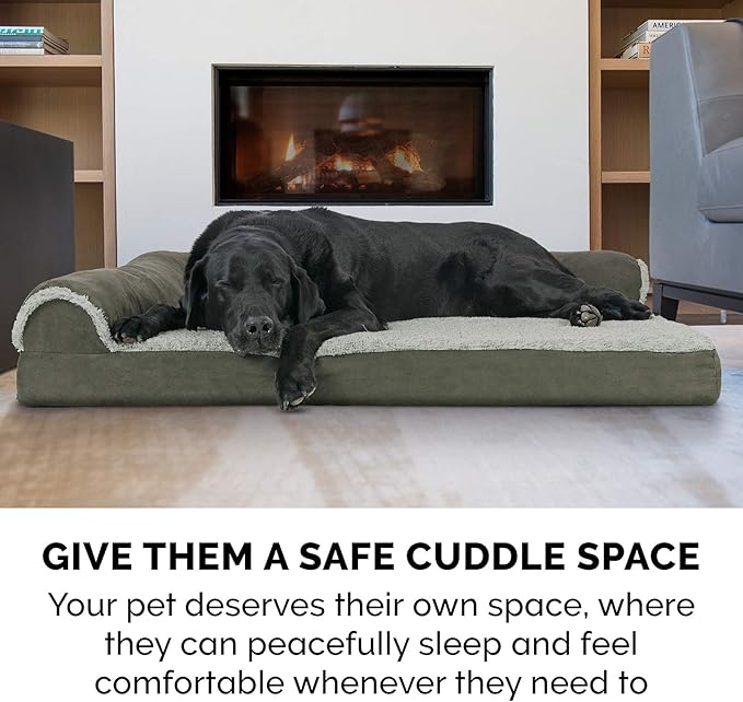 Furhaven Memory Foam Dog Bed for Large Dogs w/ Removable Bolsters & Washable Cover, For Dogs Up to 95 lbs - Two-Tone Plush Faux Fur & Suede L Shaped Chaise - Dark Sage, Jumbo/XL