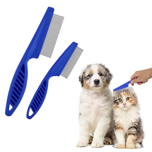 Pet Hair Comb Tear Stain Removal,2 Pack Multifunctional Pets Grooming Comb Kit 2 in 1 Dog Combs Stainless Grooming Massage Dual-Sided Comb for Knots Crust Floating Hair Tangle Fleas(Blue)