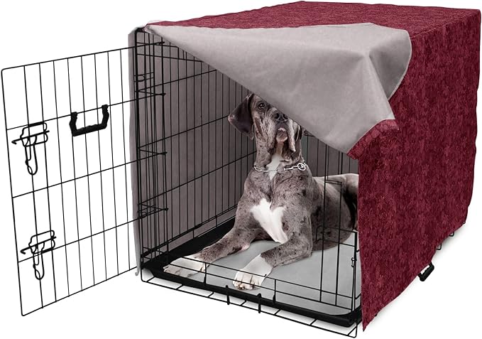 Lunarable Burgundy Dog Crate Cover, Cheerful Nature Inspired Gardening Pattern with Blooming Flowers Ornate Style, Easy to Use Pet Kennel Cover for Medium Large Dogs, 48 Inch, Burgundy Coral