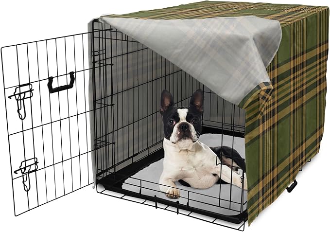 Lunarable Plaid Dog Crate Cover, Tartan Pattern in Autumn Tones Old Fashioned Design Country Illustration, Easy to Use Pet Kennel Cover for Small Dogs Puppies Kittens, 22 Inch, Olive Green Mustard