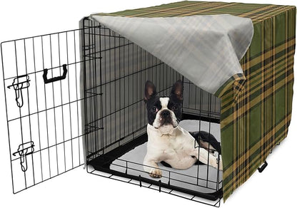 Lunarable Plaid Dog Crate Cover, Tartan Pattern in Autumn Tones Old Fashioned Design Country Illustration, Easy to Use Pet Kennel Cover for Small Dogs Puppies Kittens, 22 Inch, Olive Green Mustard