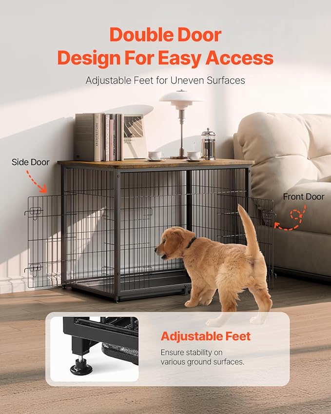 VEVOR 44in Dog Furniture Kennel - Decorative Wooden Dog Crate with Removable Tray, Double Doors, End Table for Small to Large Dogs