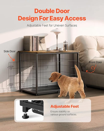 VEVOR 44in Dog Furniture Kennel - Decorative Wooden Dog Crate with Removable Tray, Double Doors, End Table for Small to Large Dogs