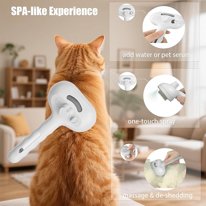 3 - in - 1 Pet Steam Brush for Cats & Dogs - Suitable for All Hair Types! One - Click Spray; Comfortable Massage; Superior Deshedding & Skin Care; Quiet Operation at ≤36dB (White)