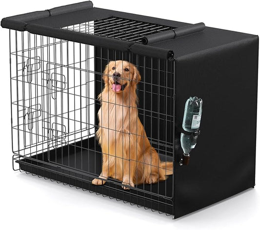 Dog Crate Cover - Privacy Kennel Cover Fits 42 inch Double Door Wire Crate, Heavy Duty 600D Oxford Fabric Dog Cage Cover with Top Window and Drinking Hole Design, Black, (Cover only)