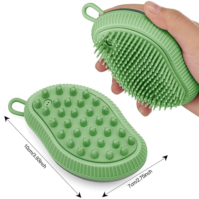 Pet Grooming Bath Massage Brush with Soap and Shampoo Dispenser Soft Silicone Bristle for Long Short Haired Dogs Cats (GREEN)