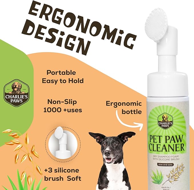 Paw Cleaner No-Rinse Foaming Cleanser Waterless Foam Dogs Cats with Cleaning Silicone Pet Grooming Brush Sulfate-Free pH Balanced Shampoo 6.8 Fl Oz (2 Pack)