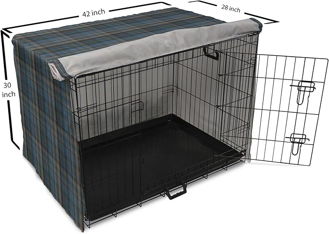 Lunarable Plaid Dog Crate Cover, Striped Geometric British Pattern Modern Design Elements in Patel Colors, Easy to Use Pet Kennel Cover for Medium Large Dogs, 42 Inch, Azure Blue and Marigold
