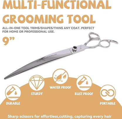 Professional metal 9 In Curved Grooming Scissors for Dogs and Cats,30-Degree Curves Shears for Hair Cutting with Pet at Home & Outdoor,Lightweight Stainless Steel Clippers for Dog Trimming Face,Paws