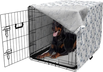Lunarable Nautical Dog Crate Cover, Marine Elements Anchor Ship Wheel Wind Rose Sailing into The Ocean Theme, Easy to Use Pet Kennel Cover for Medium Large Dogs, 42 Inch, Night Blue White