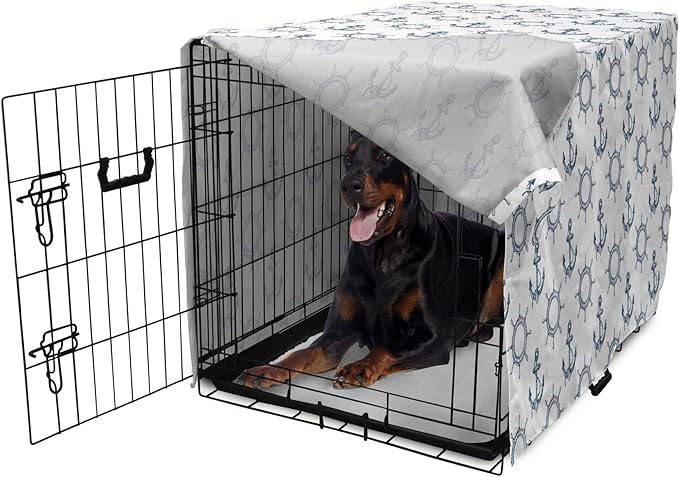 Lunarable Nautical Dog Crate Cover, Marine Elements Anchor Ship Wheel Wind Rose Sailing into The Ocean Theme, Easy to Use Pet Kennel Cover for Medium Large Dogs, 42 Inch, Night Blue White