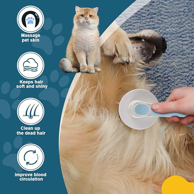 New cat brush&dog brush,pet hair brush with Self Cleaning Button Easy to remove loose undercoat，Needle-tip massage beads, no harm to the skin (Grey)
