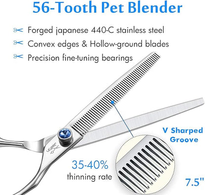 JASON 7.5" 56-Tooth Blending Dogs Grooming Scissors Cats Thinning Shears Pets Blender Thinner Trimming Texturizing Kit with Offset Handle Blue Jewelled Screw (7.5 Inch)