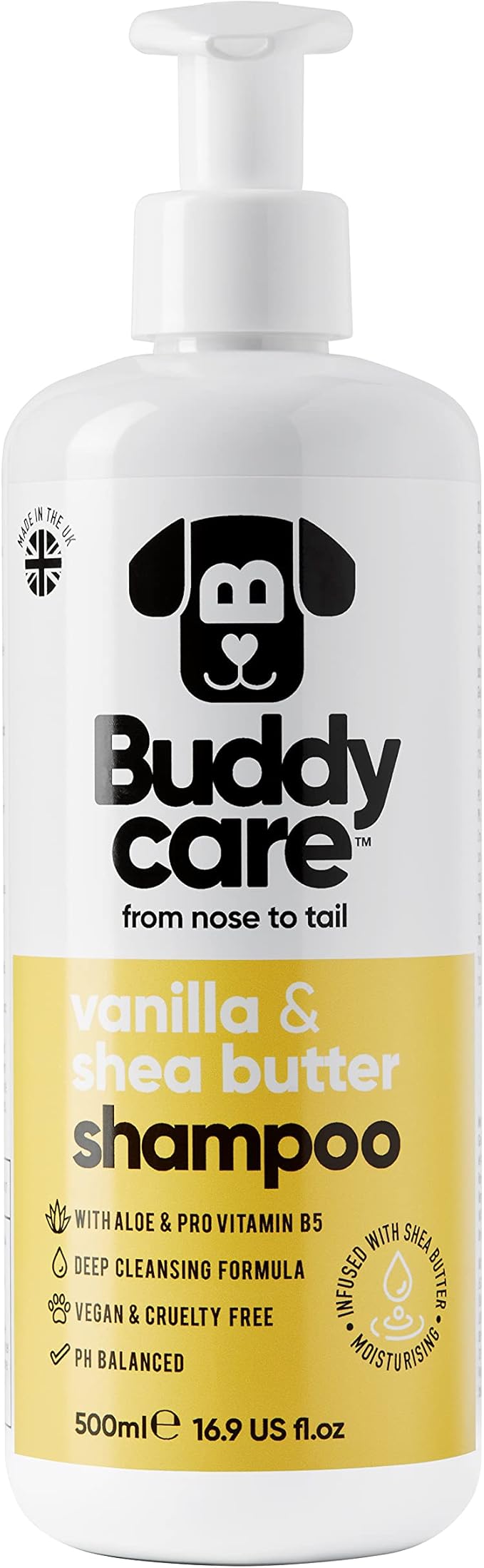 Vanilla & Shea Butter Dog Shampoo by Buddycare | Moisturising Shampoo for Dogs | Vanilla & Shea Butter Scented | with Aloe Vera and Pro Vitamin B5 (16.90oz)