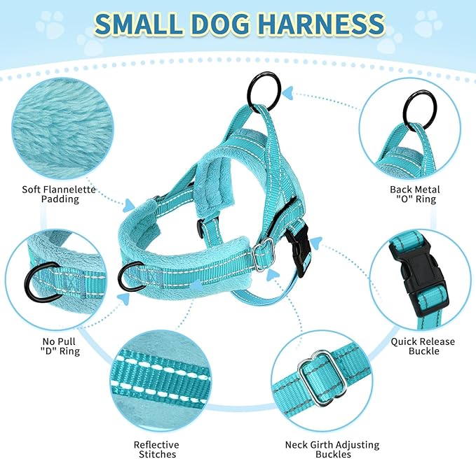 SlowTon No Pull Small Dog Harness and Leash Set, Puppy Soft Vest Harness Neck & Chest Adjustable, Reflective Lightweight Harness & Anti-Twist Pet Lead Combo for Small Medium Dogs(BL-Front Clip,XXS)