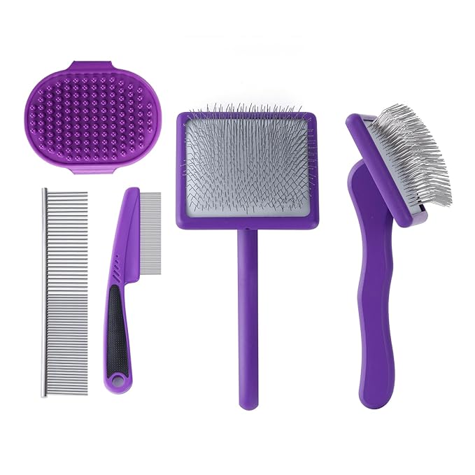 Ergonomic Slicker Brush for Long-Haired Cats - Wooden Handle, Long Pins for Grooming Loose Hair (Purple)
