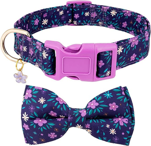 Fashionable Dog Collar with Bow Tie for Small Medium Large Dogs,Cute and Soft Puppy Collar for Male Female Dogs,Durable Cotton Dog Collar with Adjustable Buckle Butterfly Pattern (S, Purple Flower)