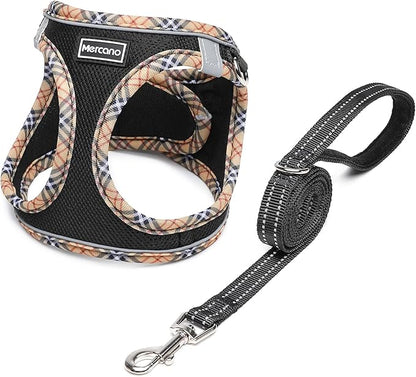 Mercano Soft Mesh Dog Harness and Leash Set, No-Chock Step-in Reflective Breathable Lightweight Easy Walk Escape Proof Vest Harnesses with Safety Buckle for Small Medium Dogs, Cats (Black Yellow, M)