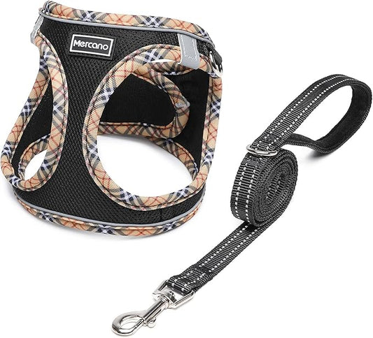 Mercano Soft Mesh Dog Harness and Leash Set, No-Chock Step-in Reflective Breathable Lightweight Easy Walk Escape Proof Vest Harnesses with Safety Buckle for Small Medium Dogs, Cats (Black Yellow, M)
