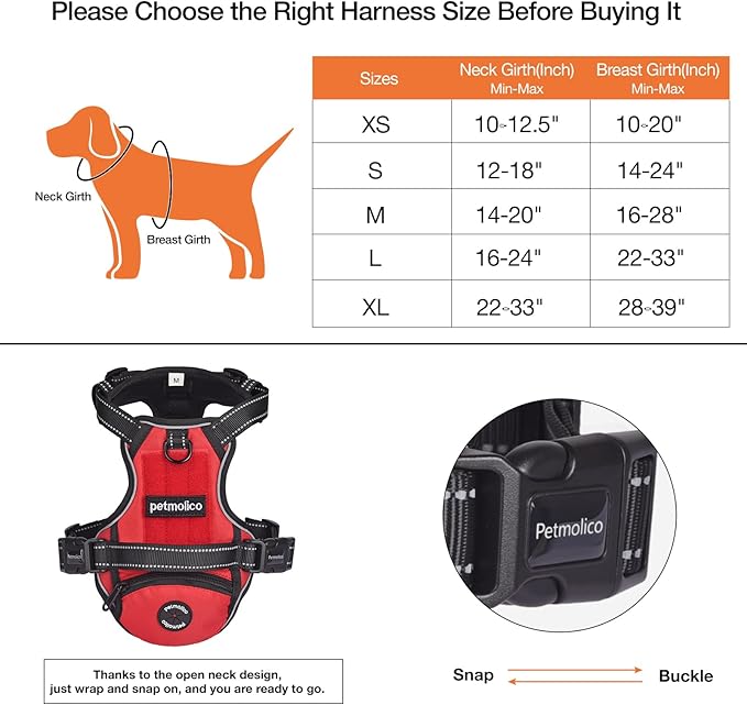No Pull Dog Harness Medium Reflective Front Clip Vest with Pocket, Adjustable 2 Metal Rings 2 Buckles Easy to Wear & Take Off (Red)