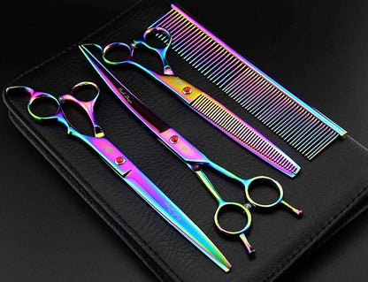 Purple Dragon 8.0" Titanium Multicolor Professional Pet Grooming Scissors Set,Straight & Thinning & Curved Scissors Shear with Bag for Dog Cat Grooming