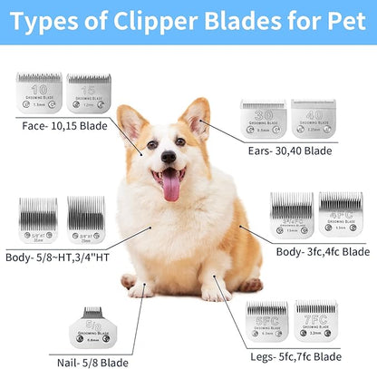 Size 10+30+40+7FC+5FC+4F+3-3/4FC Detachable Dog Grooming Blades, Compatible with Andis, Oster A5, Wahl KM10 Series Clippers, Cut Length 0.25mm-13mm, Silver