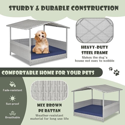 Giantex Wicker Dog House, Raised Rattan Dog Bed with Waterproof Roof, Washable Cushion Cover, Steel Frame, Indoor Outdoor Elevated Dog Bed Pet House for Small Medium Dogs Cats, Easy Assembly