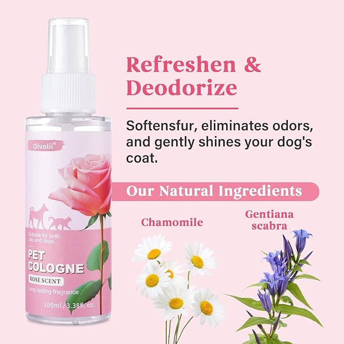 Natural Pet Cologne | Perfume For Dogs & Cats Premium Grooming Spray Long-Lasting Rose Scent Deodorizing Conditioning & Odor-Eliminating for All Coat Types