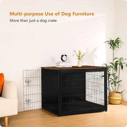 DWANTON Dog Crate Furniture with Cushion, Wooden Kennel Table with Double Doors, Indoor Dog House, Extra Large Size, 43.3" L, Black+Rustic Brown