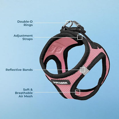 Voyager Step-in Air Dog Harness - All Weather Mesh, Reflective, No Pull Harness for Small, Medium Dogs, Cats - Secure with Hook & Loop Fastener, Buckle, Double D-Rings - Pink/Black Trim, XXXS