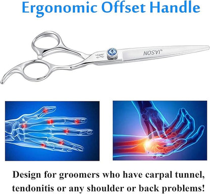 JASON 7" Straight Dog Grooming Scissors, Ergonomic Pets Grooming Shears, Premium Cats Trimming Kit with Offset Handle and Jewelled Screw, Sharp, Comfortable