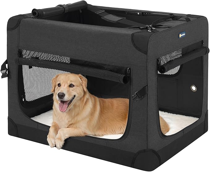 Veehoo 36 inch Folding Soft Dog Crate, 4-Door Portable Collapsible Pet Kennel Travel Dog Crate for Large Dogs, 5 x Durable Mesh Screen, 600D Oxford Fabric, Indoor & Outdoor Use, Black, CWB2428CP