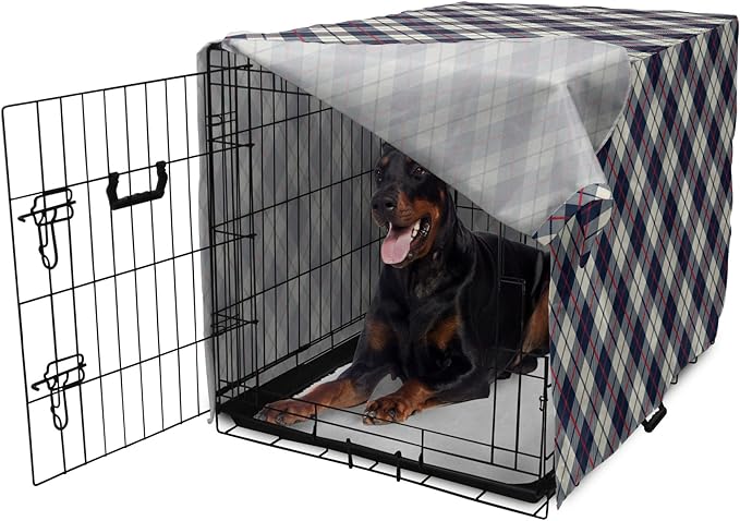 Lunarable Plaid Dog Crate Cover, Celtic Fashion Diagonal Retro Style Classical Irish Culture Inspiration, Easy to Use Pet Kennel Cover for Medium Large Dogs, 42 Inch, Night Blue Red Beige