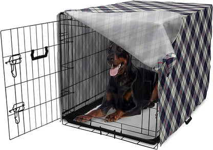 Lunarable Plaid Dog Crate Cover, Celtic Fashion Diagonal Retro Style Classical Irish Culture Inspiration, Easy to Use Pet Kennel Cover for Medium Large Dogs, 42 Inch, Night Blue Red Beige
