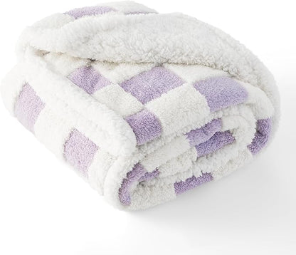 Lesure Waterproof Dog Blanket for Large Dogs - Washable Double Sided Dog Blankets with Warm Jacquard Shag and Soft Sherpa Fleece, Pet Cat Blanket for Bed Couch Protection, 3D Textured Checks, Purple