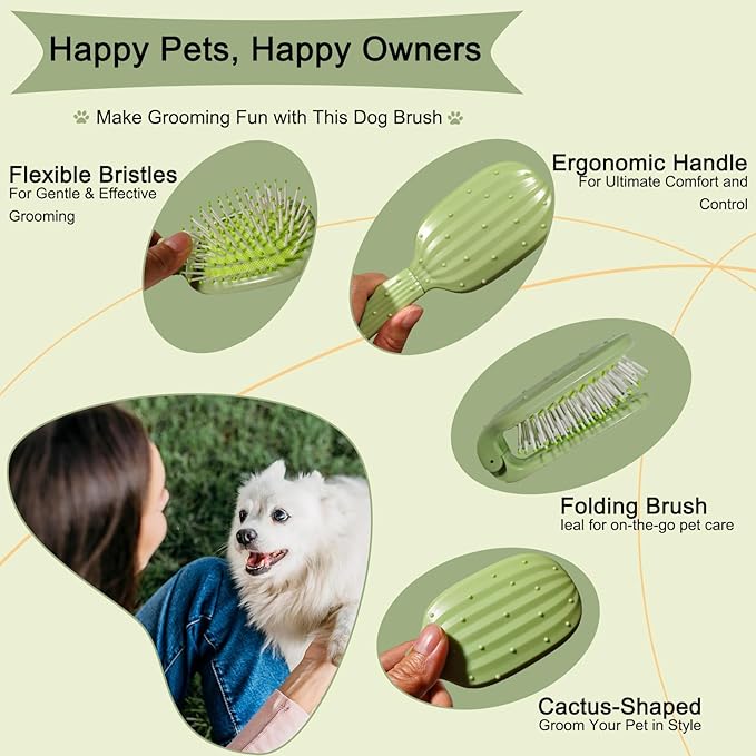 Foldable Cactus Puppy Brush Small Dogs Soft Bristles Grooming Tool Yorkie Shih Tzu Maltipoo Maltese (Light Green)
