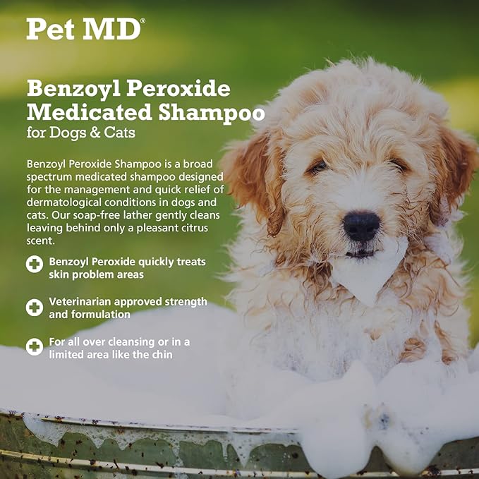 Pet MD - Benzoyl Peroxide Medicated Shampoo for Dogs and Cats - Effective for Skin Conditions, Dandruff, Itch Relief, Acne and Folliculitis - Citrus Scent - 12 oz