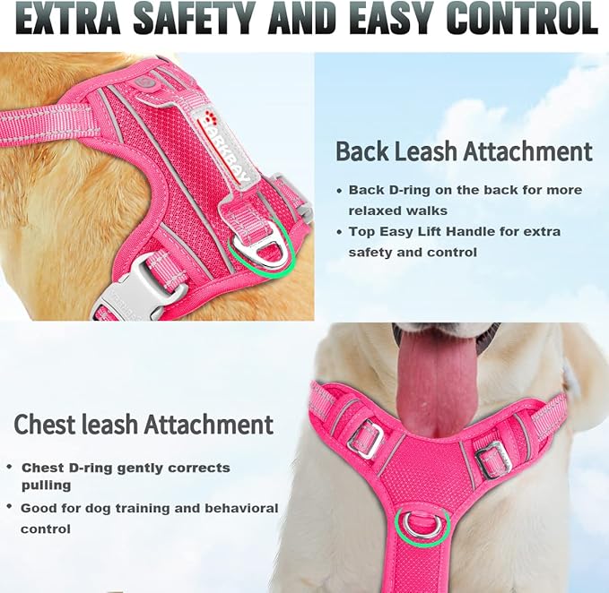 BARKBAY No Pull Dog Harness Large Reflective Dog Harness with Front Clip and Easy Control Handle for Walking Training Running with ID tag Pocket(Pink,XL)