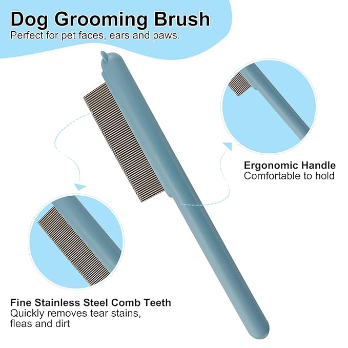Cute Plastic Dog Comb with Stainless Steel Bristles and Furry Ears Design - Pet Grooming Tool for Removing Dirt and Tangles （Blue）