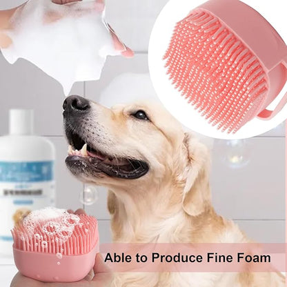 Pet Bath Brush Scrubber, Soft Silicone Shampoo Dispenser with Shower Grooming & Adjustable Ring Handle for Short/Long Haired Dogs and Cats, Pink+Blue 1PCS