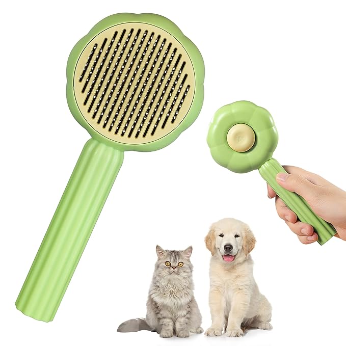 METREE Cat Hair Brush, Self Cleaning Pet Slicker Brush with Release Button, Grooming Brush for Shedding, Long or Short Haired Cats Dogs (Lime Green)