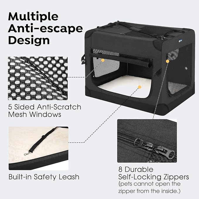 Veehoo 30 inch Folding Soft Dog Crate, 4-Door Portable Collapsible Pet Kennel Travel Dog Crate for Medium Dogs, 5 x Durable Mesh Screen, 600D Oxford Fabric, Indoor & Outdoor Use, Black, CWB2428CP
