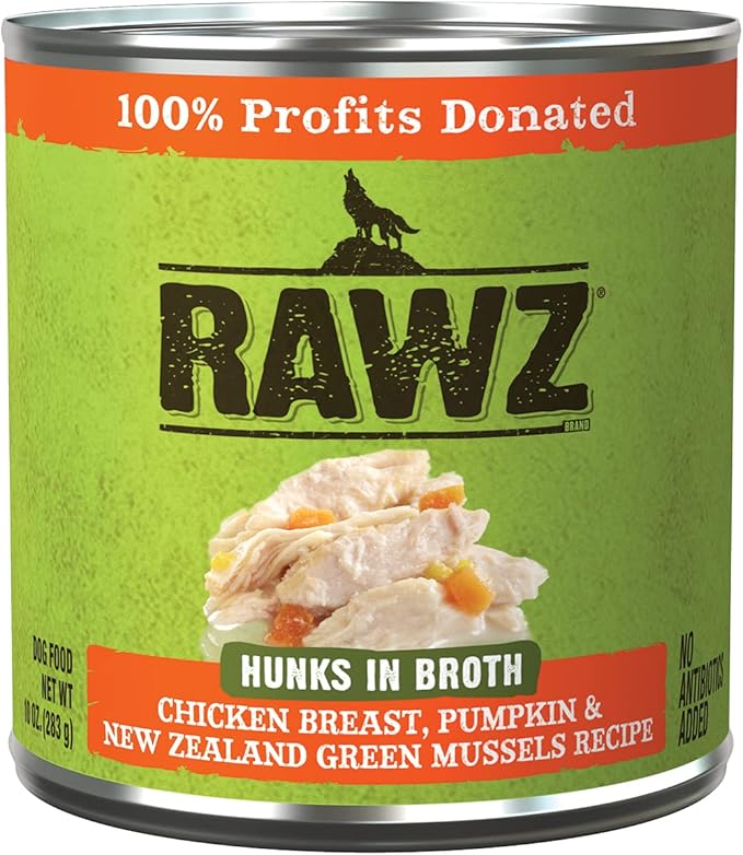 Rawz - in Broth Canned Adult Dog Food (Hunks of Chicken in Broth) with New Zealand Green Mussels - 12 Cans -10 OZ Cans (Chicken&Pumpkin-Hunks)