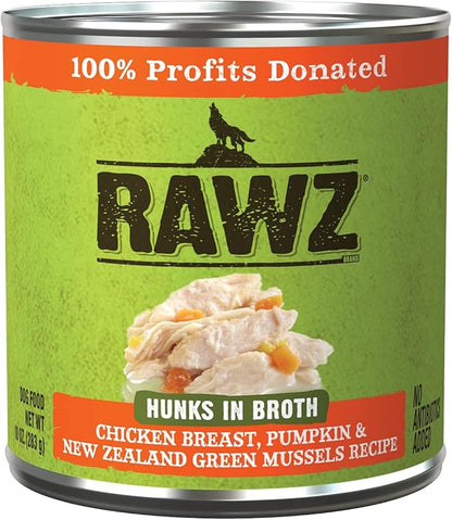 Rawz - in Broth Canned Adult Dog Food (Hunks of Chicken in Broth) with New Zealand Green Mussels - 12 Cans -10 OZ Cans (Chicken&Pumpkin-Hunks)