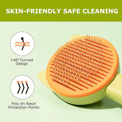 Pet Grooming Brush Kit for Cat and Dog, Hair Massage Cleaner with Release Button, 2 Flea Combs for Shedding Removing Tangles Loose Fur Self Cleaning Accessories (4 Pieces Set)