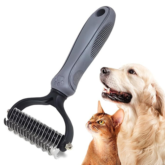 Pet Deshedding Tool - 2-in-1 Double-Sided Bottom Undercoat Rake for Dogs and Cats, Grey